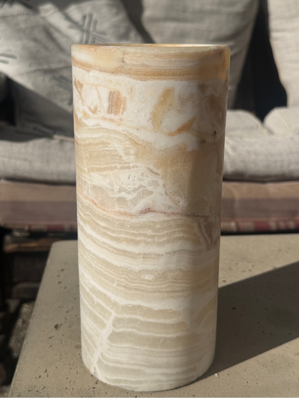 Hand Carved NATURAL STRIPED ALABASTER ONYX STONE Egyptian Candle Holder CYLINDER - Picture 2 of 6